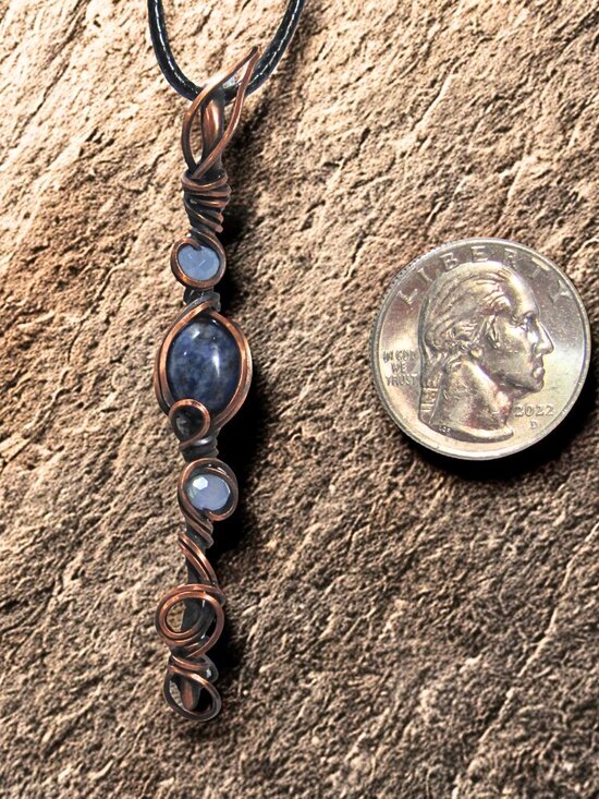 Jewelry - Handmade Wire Wrapped Sodalite-Bead Necklace. Copper wire wrapped oxidized/waxed